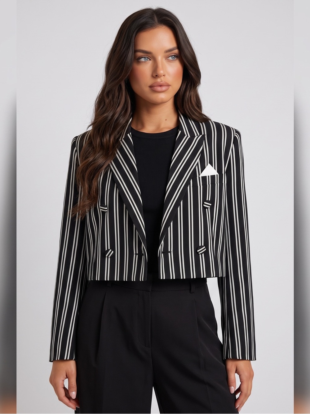 ENDLESS ROSE Anthropologie Striped Cropped Blazer In Black & White Cotton Linen